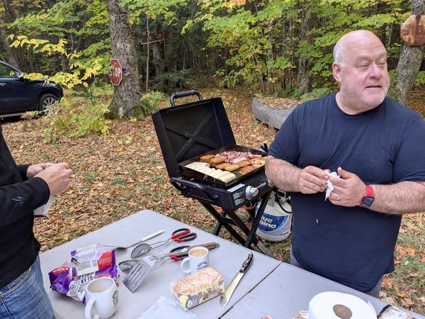 Jon making a typical breakfast outside on the portable flat top.
