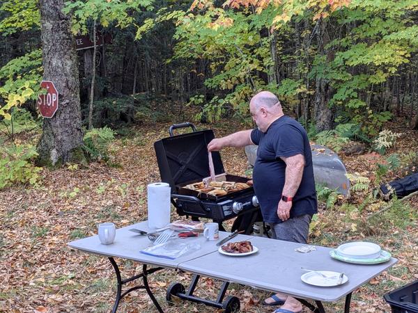 Jon making a typical breakfast outside on the portable flat top.