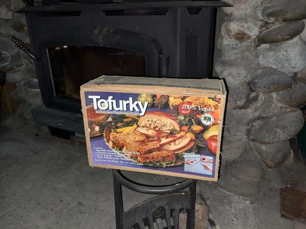 A Tofurky box that survived the fire.