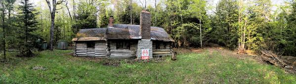 Panorama of Camp A&A from sheds to Cabin to driveway.